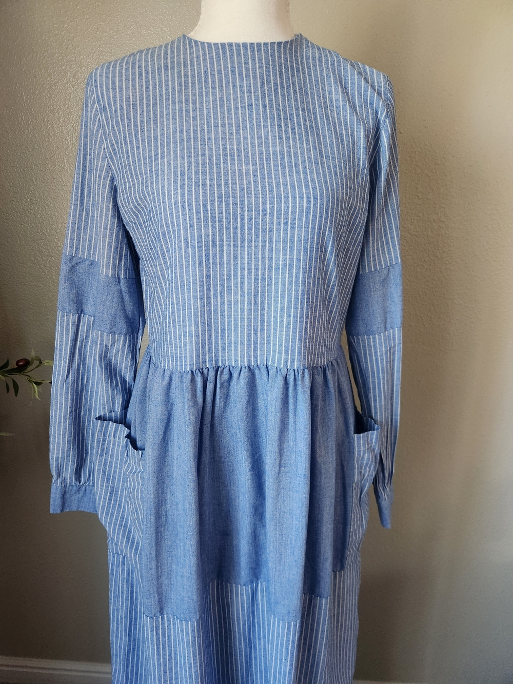 Women's Light Blue Pinstripe Long Sleeve Maxi Dress - Picture 4 of 8
